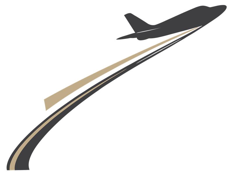 Airplane silhouette with curved ascent lines