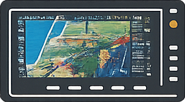 Digital navigation display showing terrain and route information used in modern aircraft.