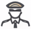 A line-art bust of a pilot wearing a formal captain’s hat with a gold-toned brim and a uniform with epaulettes.