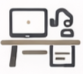 An icon of a modern desk setup featuring a computer monitor, a set of headphones, and a notepad