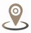 A gold-toned map pin icon with a concentric circle "bullseye" design, hovering over a dark grey circular base
