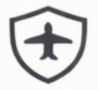 A dark grey silhouette of an airplane centered inside a classic shield outline, symbolizing safety and aircraft insurance.